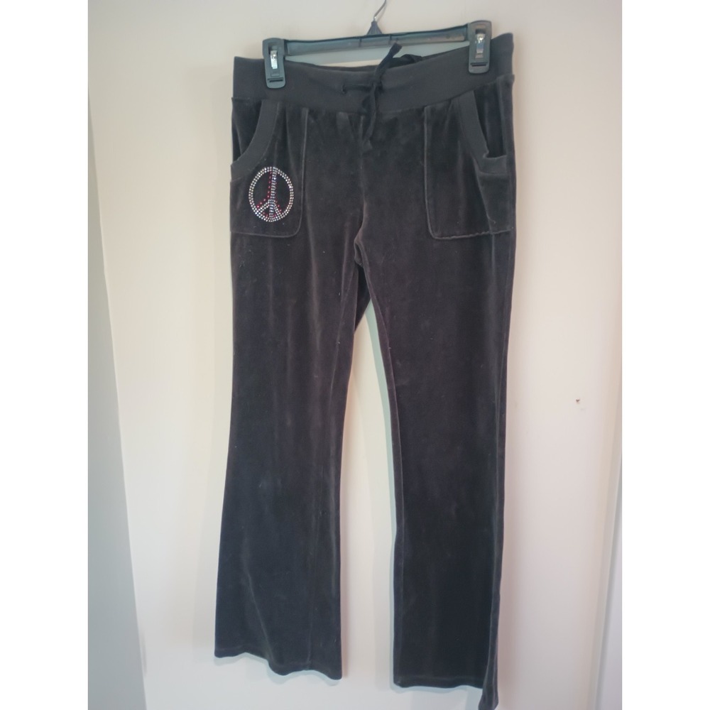 No Boundaries Womens Velour Track Pants Medium Black Rhinestone Peace Sign Y2K